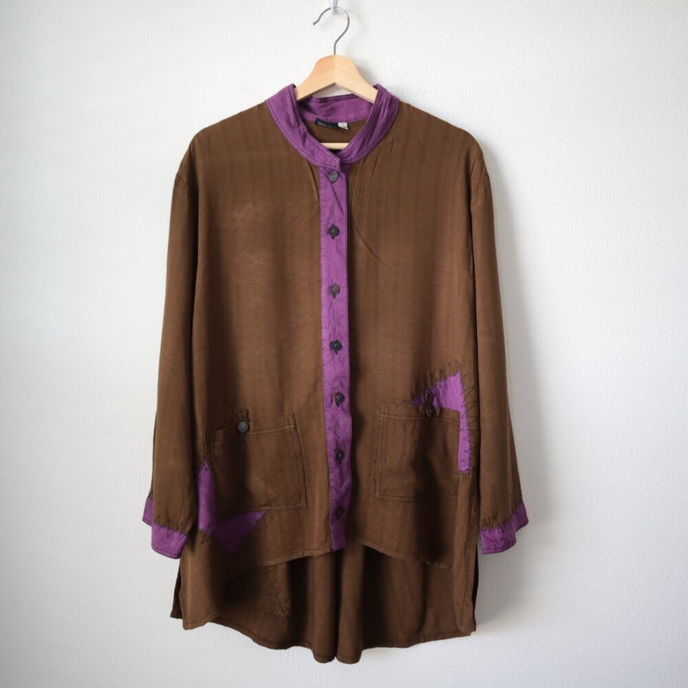 Iguana Art to Wear Mandarin Collar Top | S